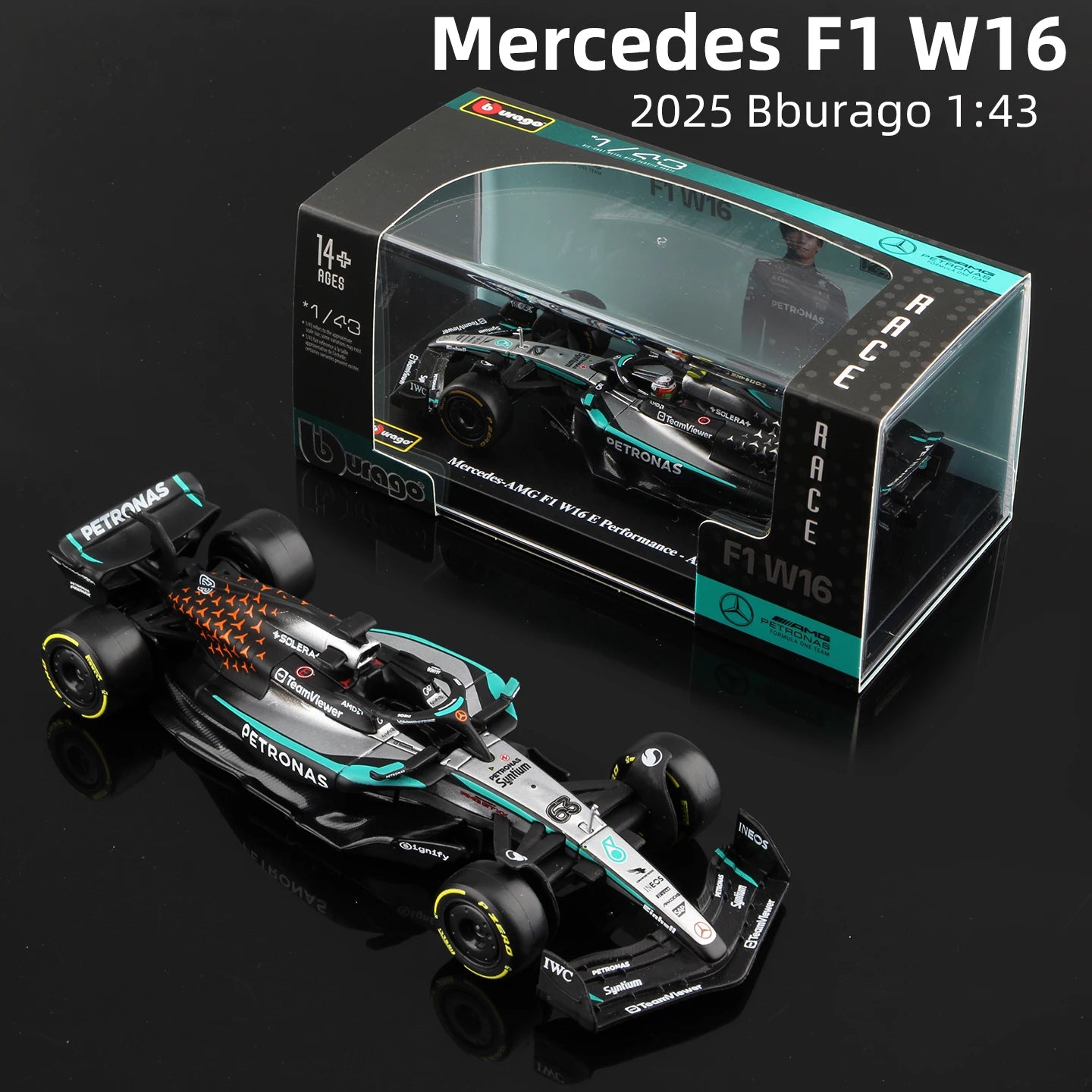 Bburago 1:43 Mercedes 2025 W16 E Performance F1 Formula Car Model Die Cast Vehicles Racing Toy 63# Russell 12# Antonelli