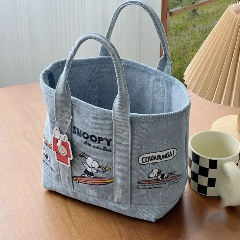 Snoopy Embroidered Canvas Tote Bag Japanese Style Cute Casual Handbag for Women Lunch Bag Office Work Commuting