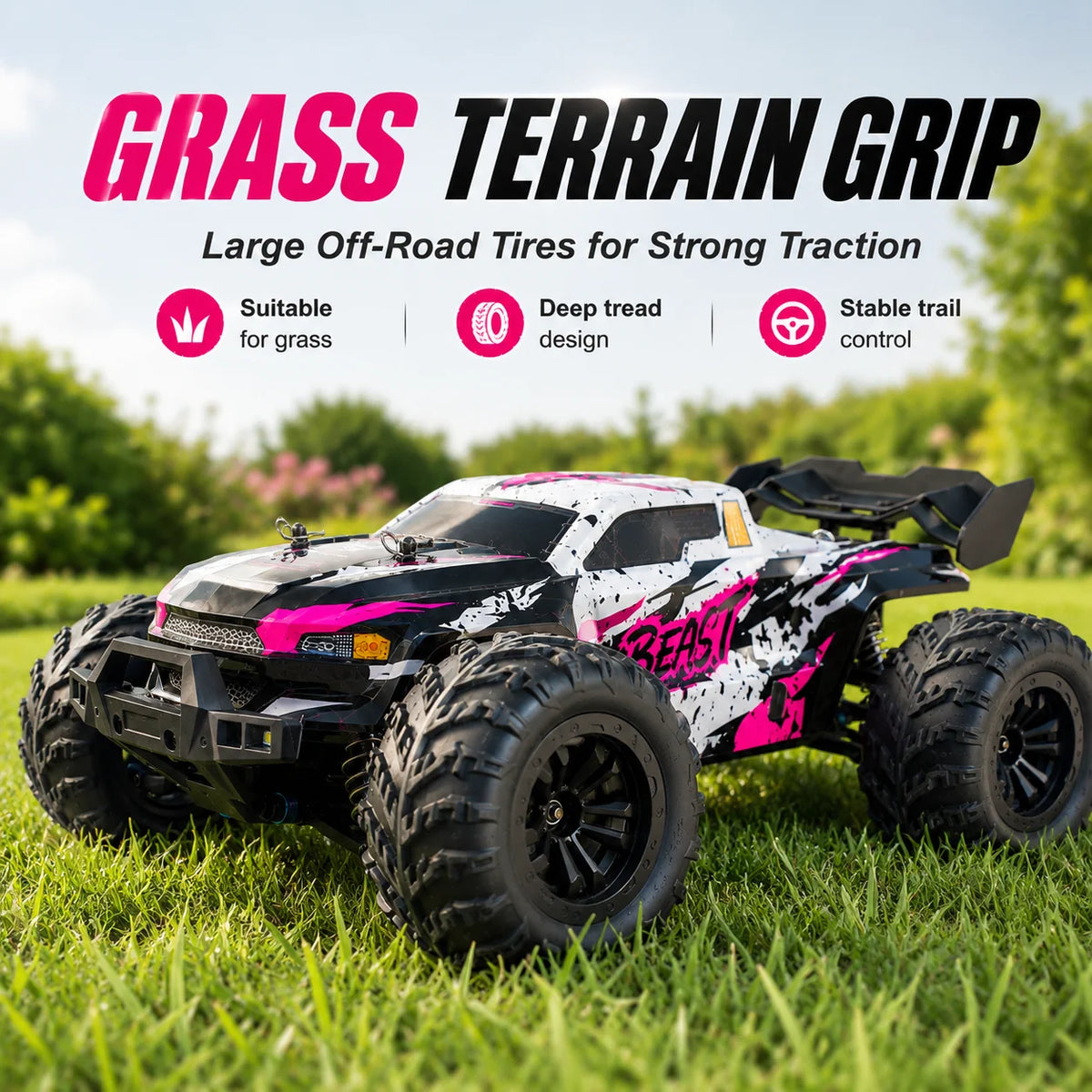 ZNLYRION 4WD Brushless RC Off-Road Monster Truck 2.4GHz 3-Speed Adjustable Remote Control Car with LED Headlights, All Terrain Big Tire Hobby RC Vehicle 2 Rechargeable Batteries RTR Toy for Adults Teens