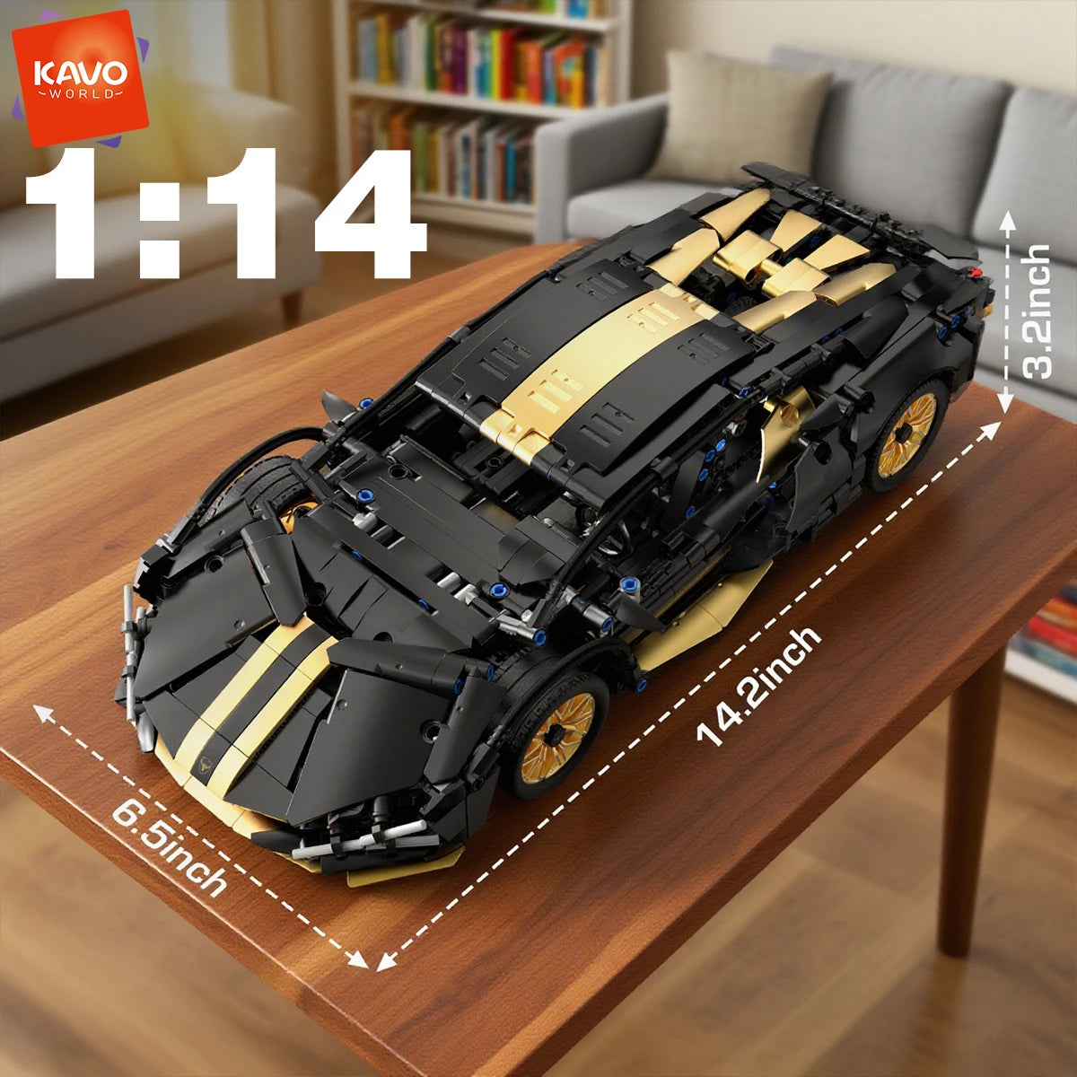 KAVOWORLD 1:14 Scale Supercar Building Blocks Set 1280PCS Black Gold Sports City Car Building Toy with Movable Tail Openable Cockpit DIY Construction Model Kit Perfect Birthday Christmas Gifts