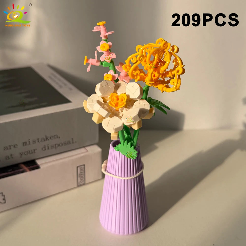 HUIQIBAO MOC Eternal Flower Bouquet with pot Micro Building Block Sunflower Rose Mini Model Brick Toy home Desk Decoration