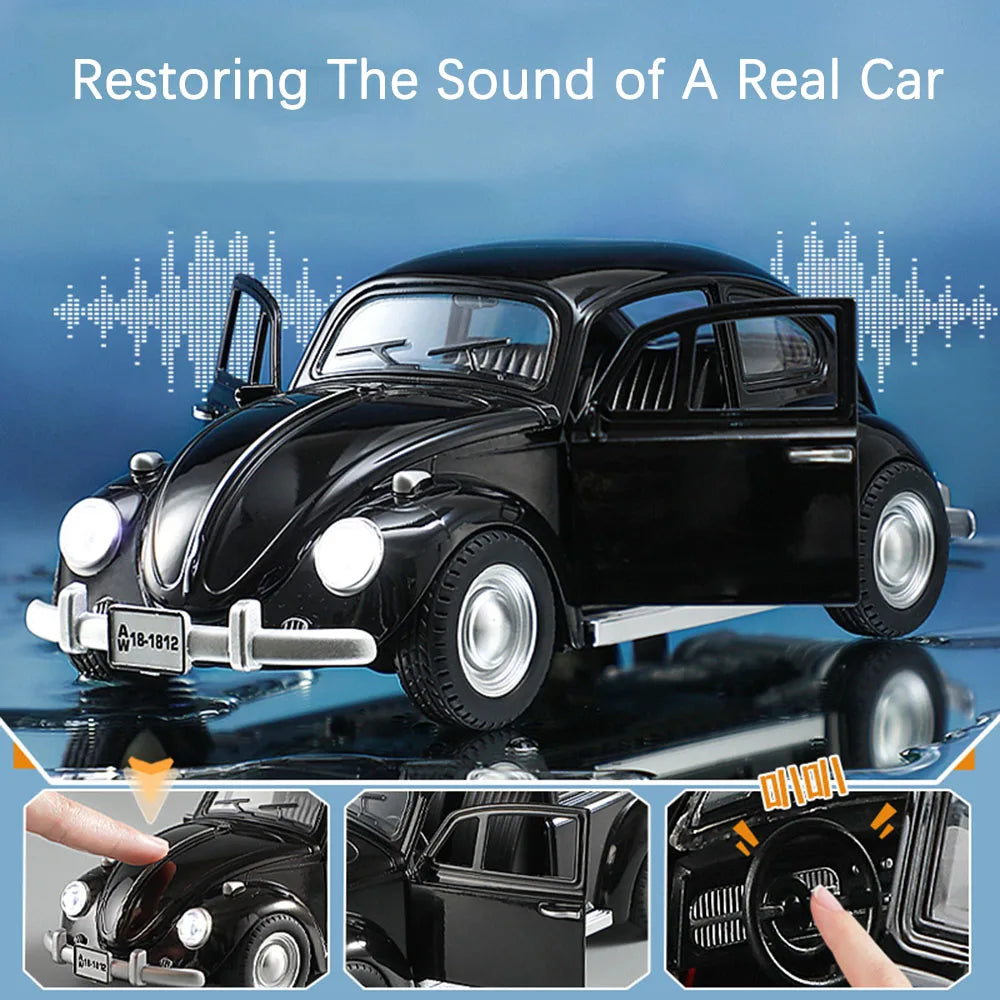 1:18 Scale Beetle 1955 Model Toy Cars Alloy Diecasting Doors Opened Sound Light Pull Back Miniature Vehicles for Children Gifts