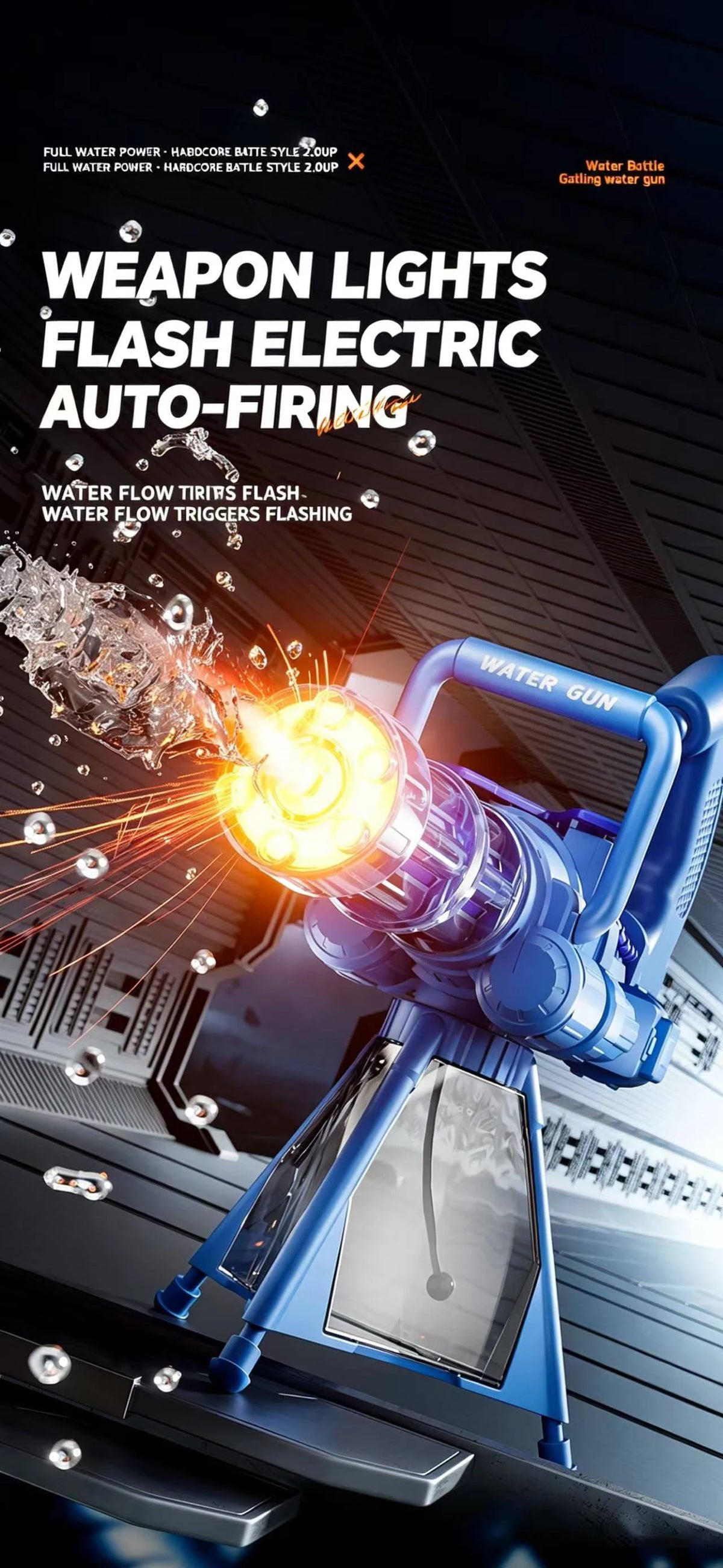Gatling Rotating Electric Water Gun with Light-Up High Speed Continuous Shooting Powerful Water Blaster Summer Outdoor Toy