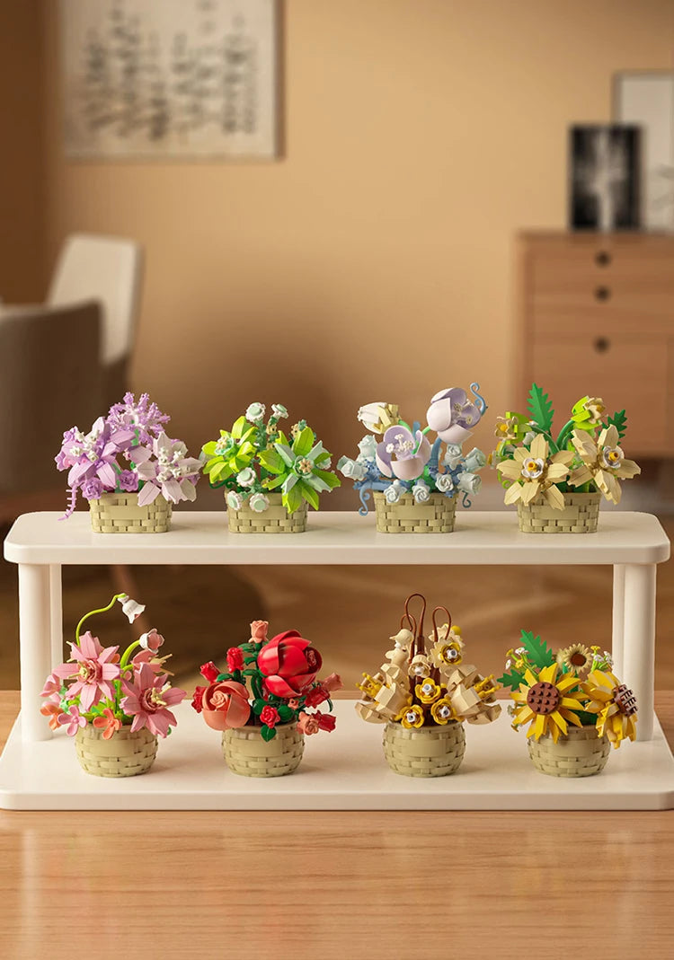 DIY MOC Potted Rose Sunflower Plants Succulents Bonsai Tree Gardens Romantic Building Blocks Model Bricks Kid Sets Kits Toy Girl