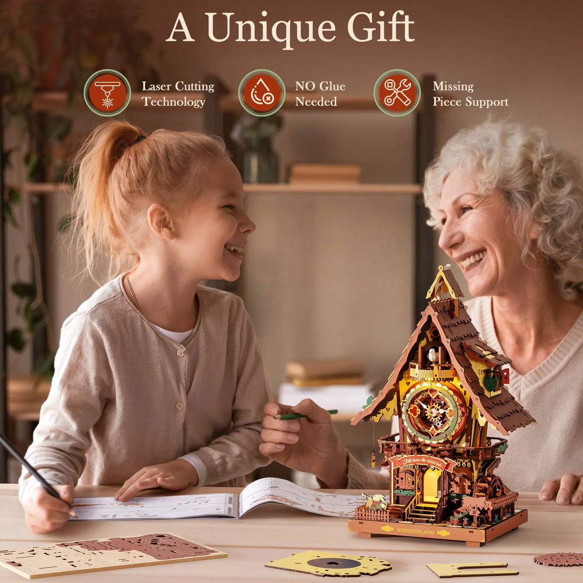 ROKR Wooden 3D Puzzle Cuckoo Clock Mechanical Model Building Kit 435 Pieces DIY Craft Kit with 2 Light for Home Decor Brain Teasers Jigsaw Toys for Adults Teens