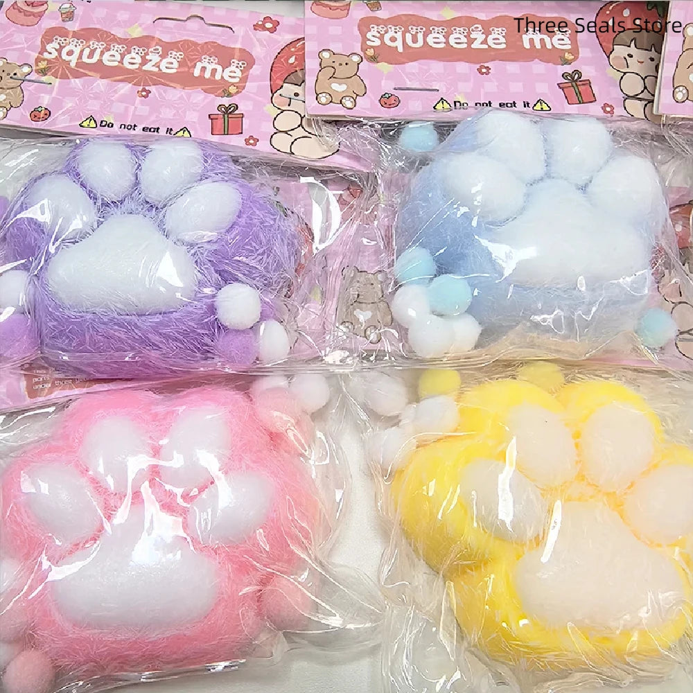 Squeeze Cat's Paw with Fur Stress Relief Squishy Fidget Toy Mini Kawaii Plush Silicone Sticky Decompressing Pinching Cat Foot