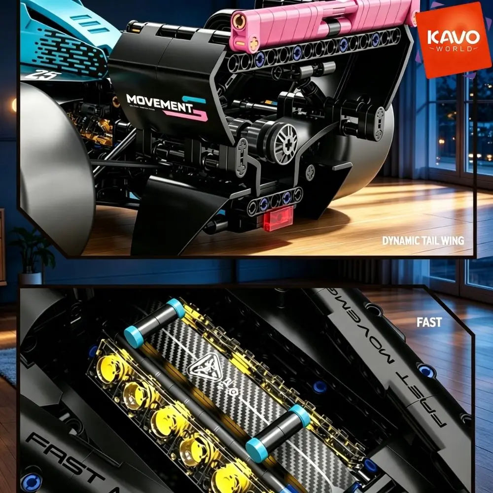 KAVOWORLD 1:8 Pink-blue Formula Racing Car Building Block Kit 1768pcs Technical Mechanical Racing Bricks Set DIY Construction Vehicle Toy with Steerable Wheels Openable Cockpit Simulated Engine for Home Office Display Christm