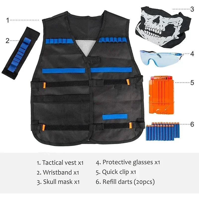 Kids Tactical Vest Kit for Nerfs Toy Guns Series with Refill Darts Reload Clips Tactical Mask Wrist Band and Protective Glasses