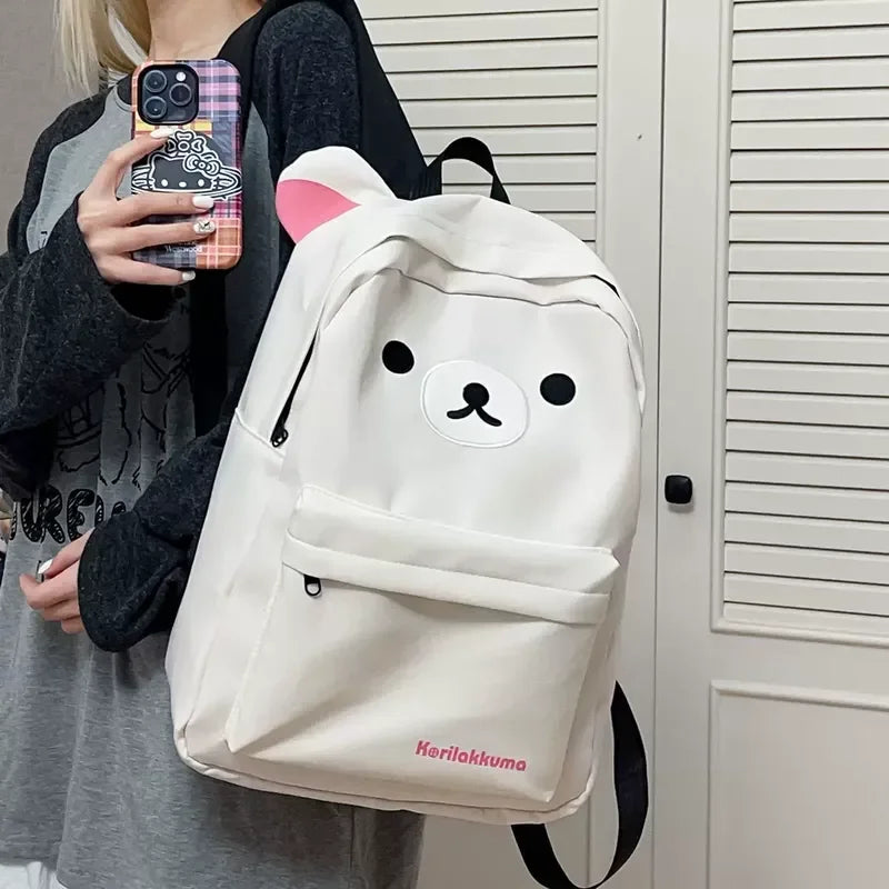 Kawaii Cartoon Rilakkuma Korilakkuma Embroidery Waterproof Nylon Backpack Large Capacity Student School Bag For Girls Boys