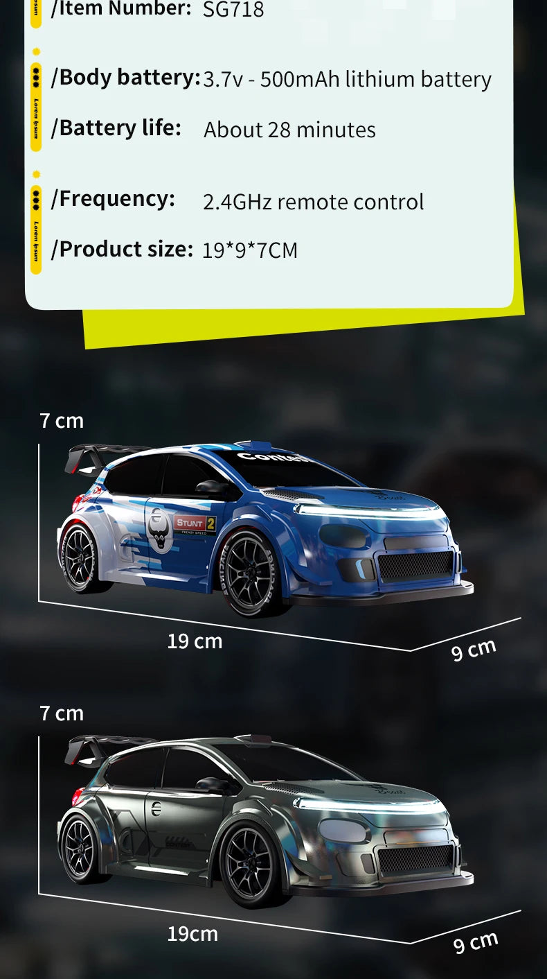 1:24 Scale 4WD Drift RC Car 2.4G Remote Pearl Finish Large Tail Fin Replaceable Racing Drift Wheel Front Rear LED Light Toy Car