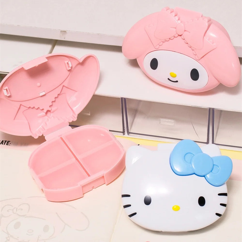 Genuine Sanrio Hello Kitty My Melody 4 Grid Portable Pill Box Travel Medicine Organizer Pill Case for Vitamin Tablet Storage