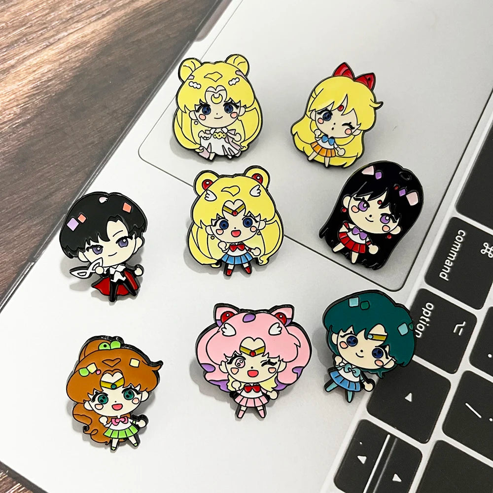 8pcs Sailor Moon Enamel Brooch Set Tsukino Usagi Cartoon Character Fashion Metal Badges Accessories for Backpacks And Clothing