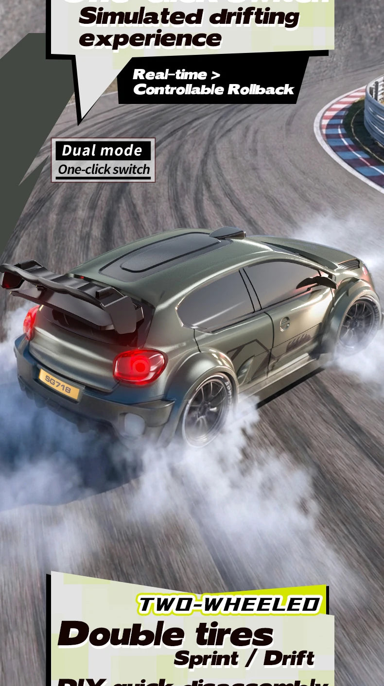 1:24 Scale 4WD Drift RC Car 2.4G Remote Pearl Finish Large Tail Fin Replaceable Racing Drift Wheel Front Rear LED Light Toy Car