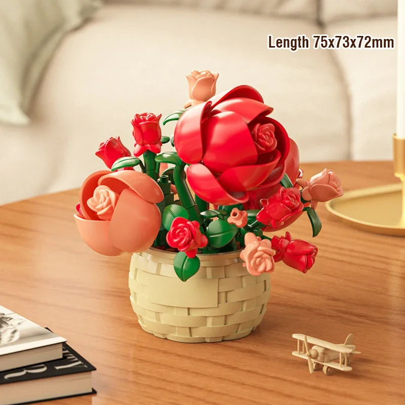 DIY MOC Potted Rose Sunflower Plants Succulents Bonsai Tree Gardens Romantic Building Blocks Model Bricks Kid Sets Kits Toy Girl