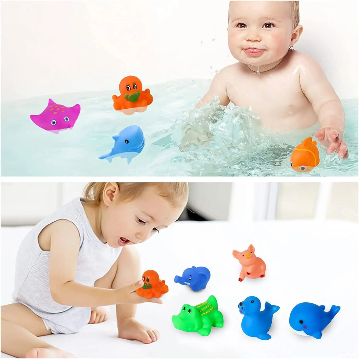 10pcs Preschool Bath Toys Rubber Sea Animals Toy Squeaky Bathtub Toys Baby Pool Floating Toy for Toddler Kids Party Decoration