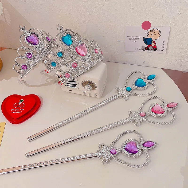 6pcs Rhinestone Tiara Crown and Magic Wand With Glitter Crystal Head Hoop Jewelry Hair Accessories For Girls Teens Birthday Gift