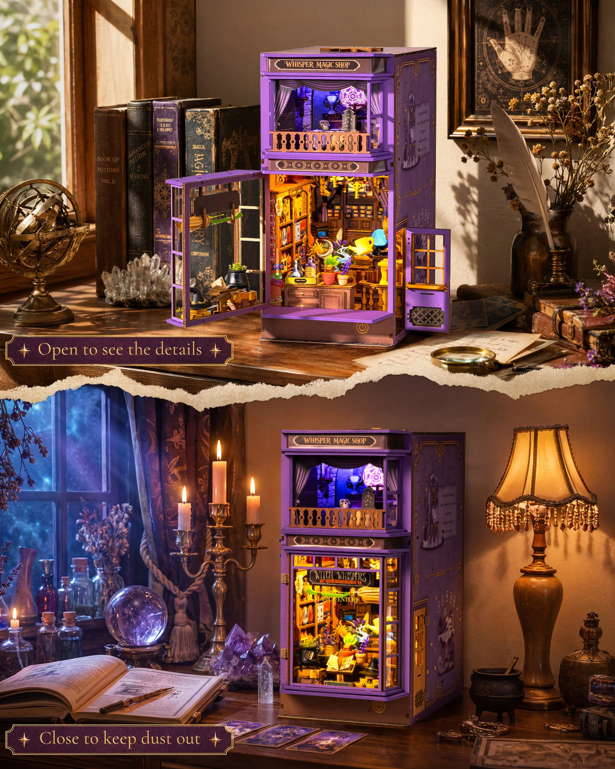 Rolife DIY Book Nook Kit 3D Puzzle Whisper Magic Shop Wooden Bookends with LED Light for Bookshelf Decor Brain Teasers Jigsaw Toys Holiday Gift for Adults