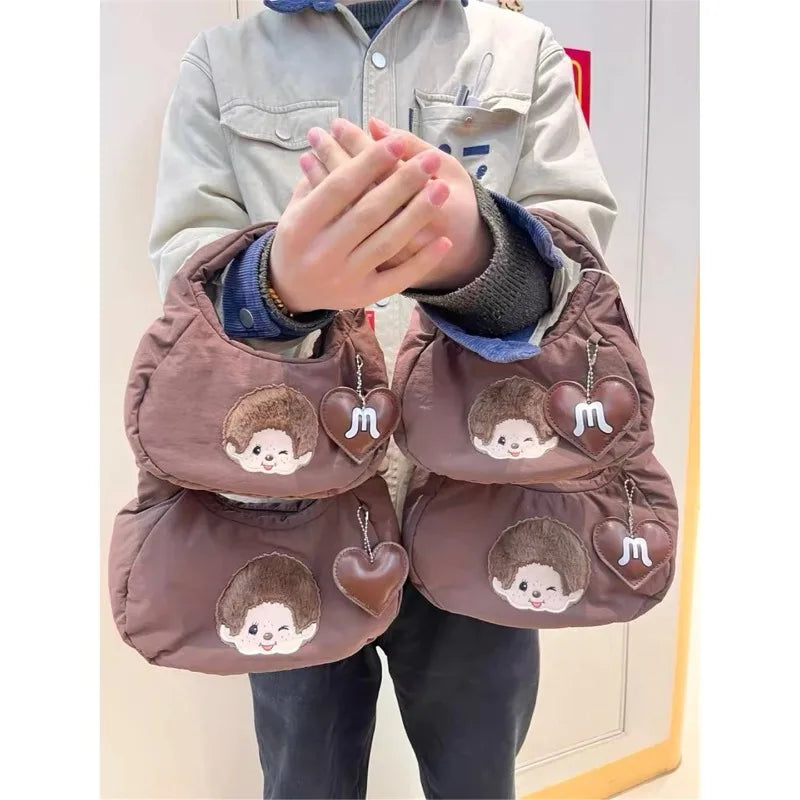Monchhichi Cute Hobo Bag Soft Puffer Handbag Kawaii Embroidery Underarm Bag with Heart Pendant Casual Daily Tote Bag