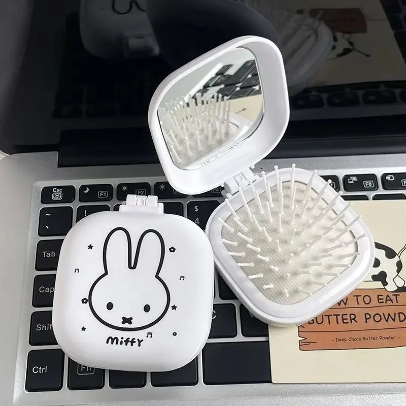 Cute Miffy Cartoon Rabbit Folding Air Cushion Comb With Mirror 2 in 1 Compact Pocket Comb Portable Student Travel Hair Tool Gift