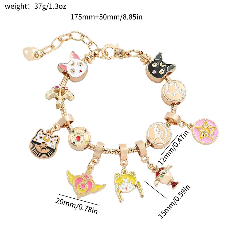 Sailor Moon Charm Bracelet - Gold Plated with Luna, Artemis & Usagi Themed Charms, Anime Cosplay Jewelry