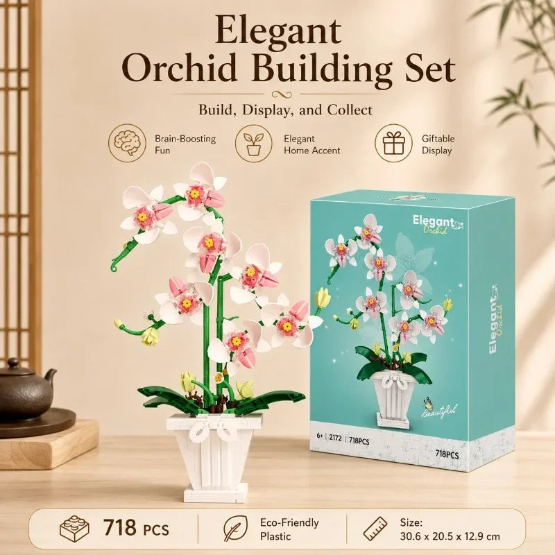 Orchid Building Blocks Flowers Bouquet Bonsai Plant Model Ornament Exquisite DIY Home Decorations Valentines Adult Child's Gifts
