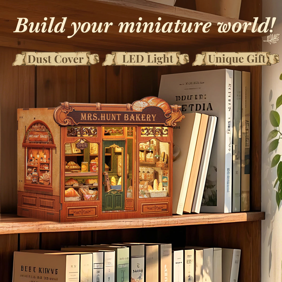 Original CUTEBEE 216pcs Mrs.Hunt Bakery Book Nook Kit DIY Miniature House Bakery Dessert Shop Dollhouse Booknook for Adults Tiny House Bookshelf Decor 3D Wooden Puzzle DIY Craft Gifts for Family Friends book nook para montar