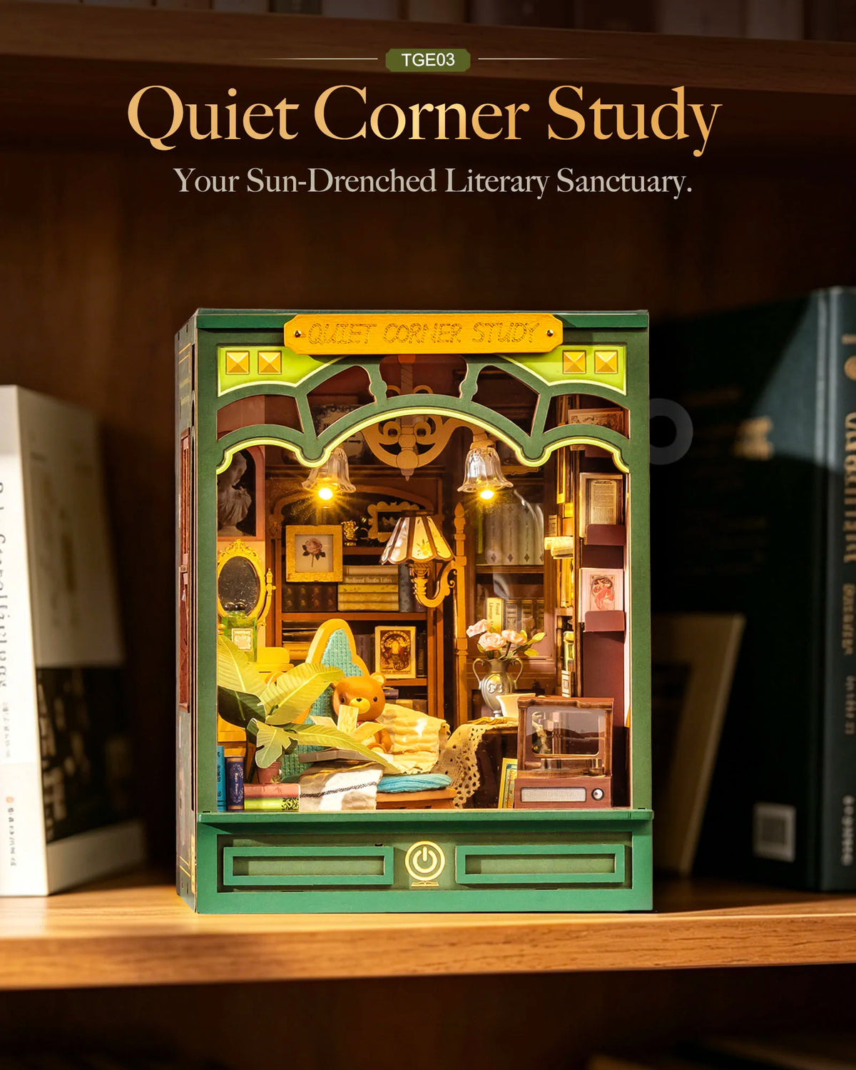 Rolife Quiet Corner Study DIY Book Nook Kit 185-piece 3D Puzzle Toys with Warm LED Light for Bookshelf Decor DIY Miniature House Molde Building Kit Gift for Book Lovers