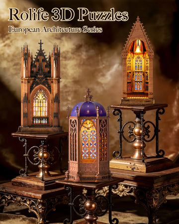 Rolife Wooden 3D Puzzle Twin-Tower Cathedral Model Building Kit DIY Miniature House Kit with LED Light for Bookshelf Decor
