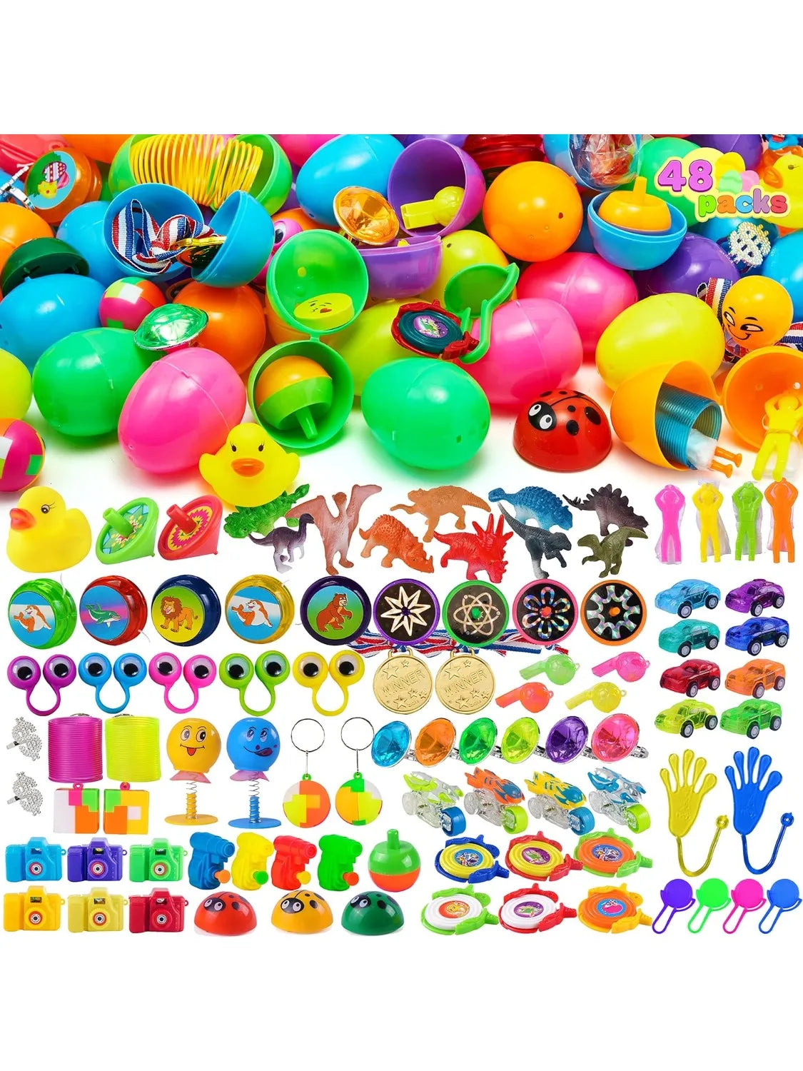 JOYFY 48Pcs Easter Eggs with Toys Inside Prefilled Easter Eggs with Popular Assorted Toys for Boys Girls Basket Stuffers Filler