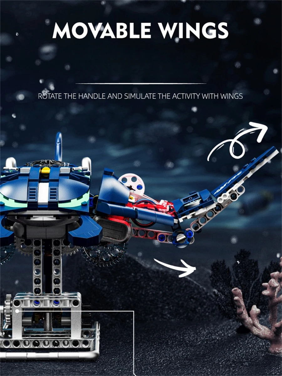 Mechanical Shark Building Set, Sea Life Crocodile Parrot Mantis Frog Manta Ray Building Blocks Light, Animal Toys Gift for Kid