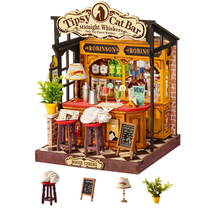 Rolife DIY Miniature House Kit Tipsy Cat Bar Mini Dollhouse Model Building Kit Wooden 3D Puzzle Toys with LED Light for Home Decor Gift for Adults Kids Friends
