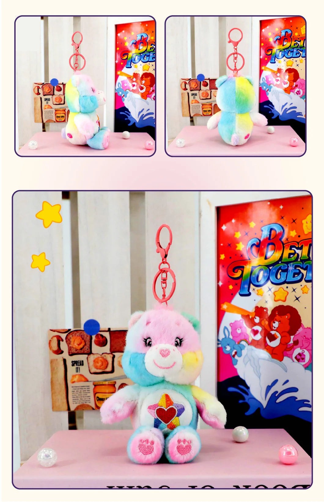 Care Bears Plush Toy Kawaii Squeak Sound Keychain 15cm Pendant Cute Cartoon Keychain Bag Luggage Decor Holiday Birthday Gift