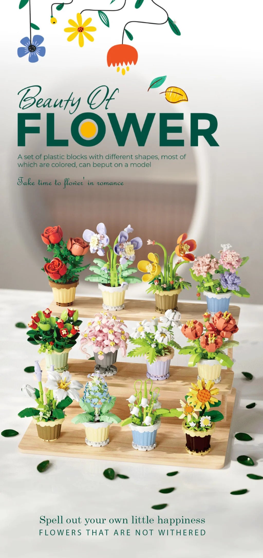 Small Particle Building Block Home Decor Series Flower Potted Plant Toys Set with Permanent Flowers Gift for Plant Arrangements