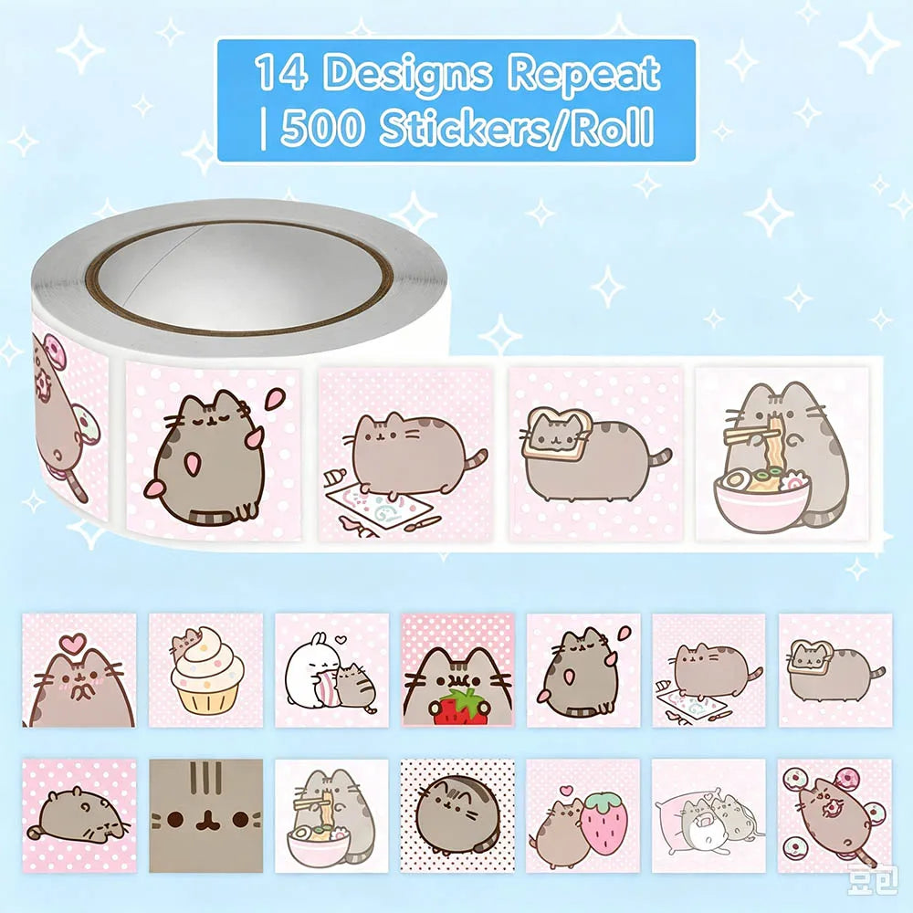 500PCS Pusheen Style Cartoon Cat Roll Stickers Waterproof Graffiti Scrapbooking Notebook Phone Cute Decoration Decals Toys