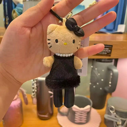 Fashion Mini 10CM Black Dress Hello Kitty Plush Doll Keyring  Long Legs Pearl Bow KT Heart  Bag Charm Cute Stuffed Pendant Decor
