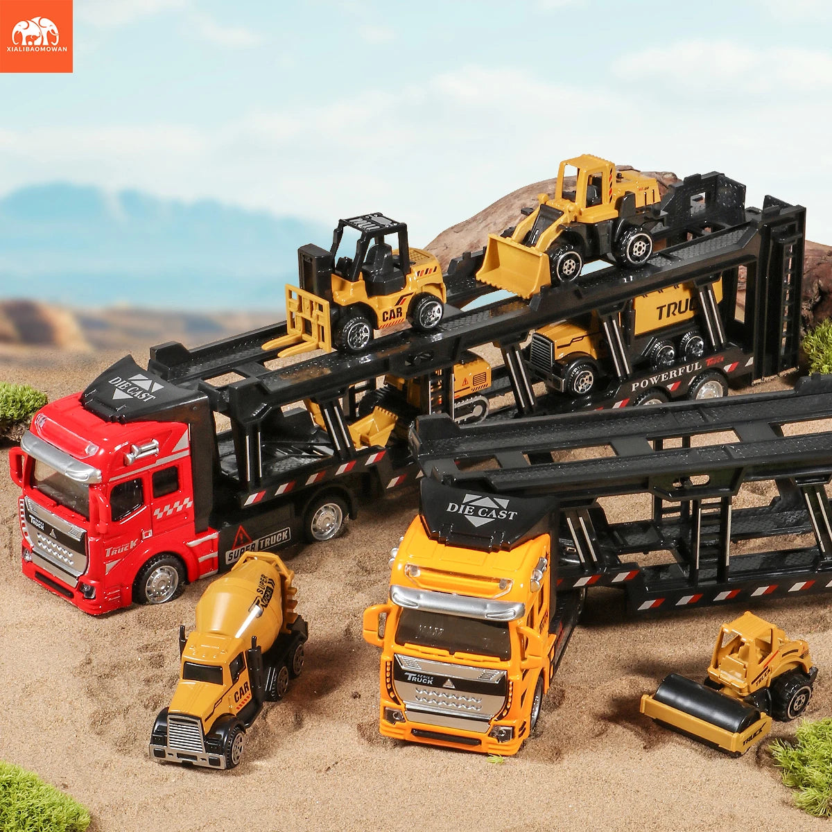 Diecast Alloy Engineering Vehicle Transporter Model Set with 6 Small Trucks - Educational Toy Set for Boys