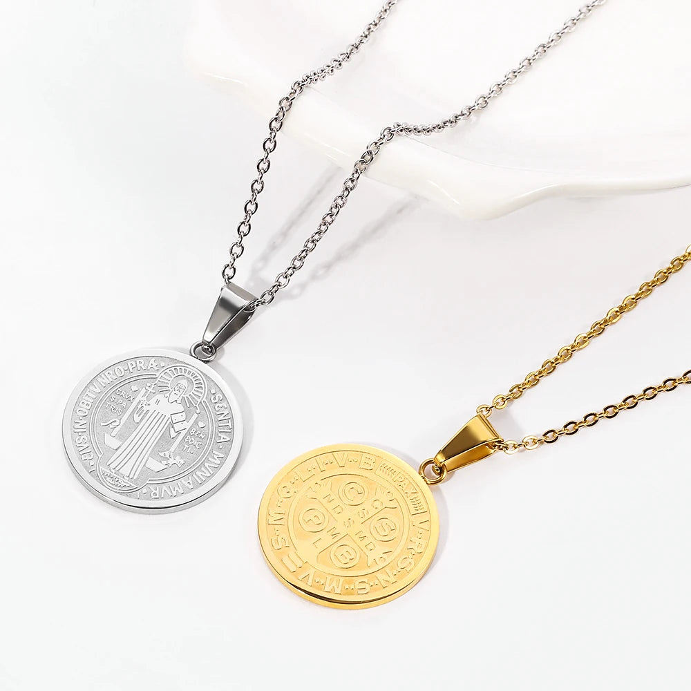 Catholic Saint Benedict Medallion Pendant Necklace Stainless Steel San Benito Collares Choker Women Men