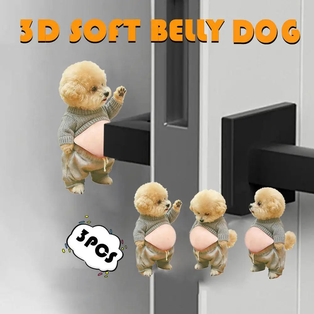 2026 3D Teddy Dog Belly Sticker - Cute puppy wearing orange outfit with soft pink background, silicone self-adhesive