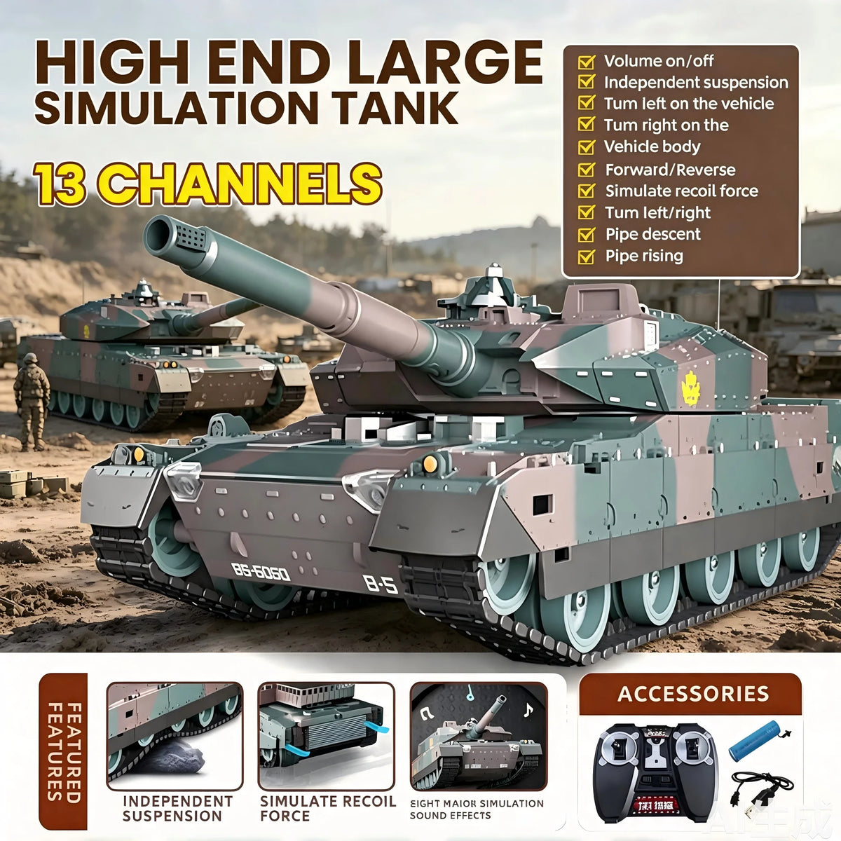 TONGLI Large RC Battle Tank Tracked Off-Road Vehicle, Rechargeable Battery, Multi-Channel Control, Turret Rotation & Elevation, Realistic Sound & Light Effects, All-Terrain Driving, Battle Interaction, Indoor & Outdoor Use, G