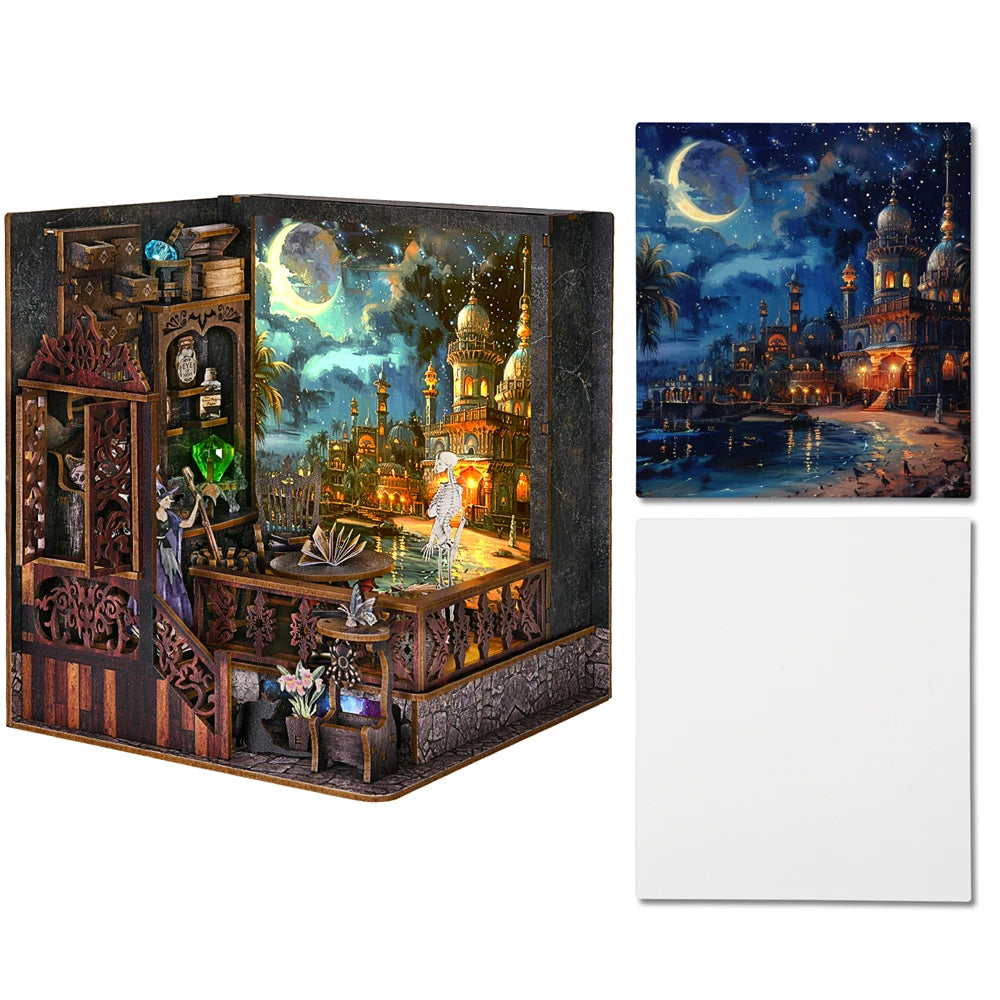 Book Nook Kit Magic Town DIY Wooden Puzzle Light Picture Bookshelf Insert Decor Dollhouse Model Bookend Building Home Decoration