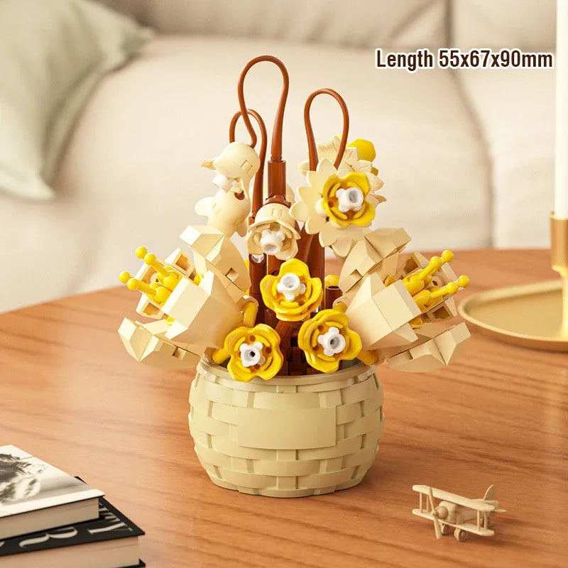 DIY MOC Potted Rose Sunflower Plants Succulents Bonsai Tree Gardens Romantic Building Blocks Model Bricks Kid Sets Kits Toy Girl