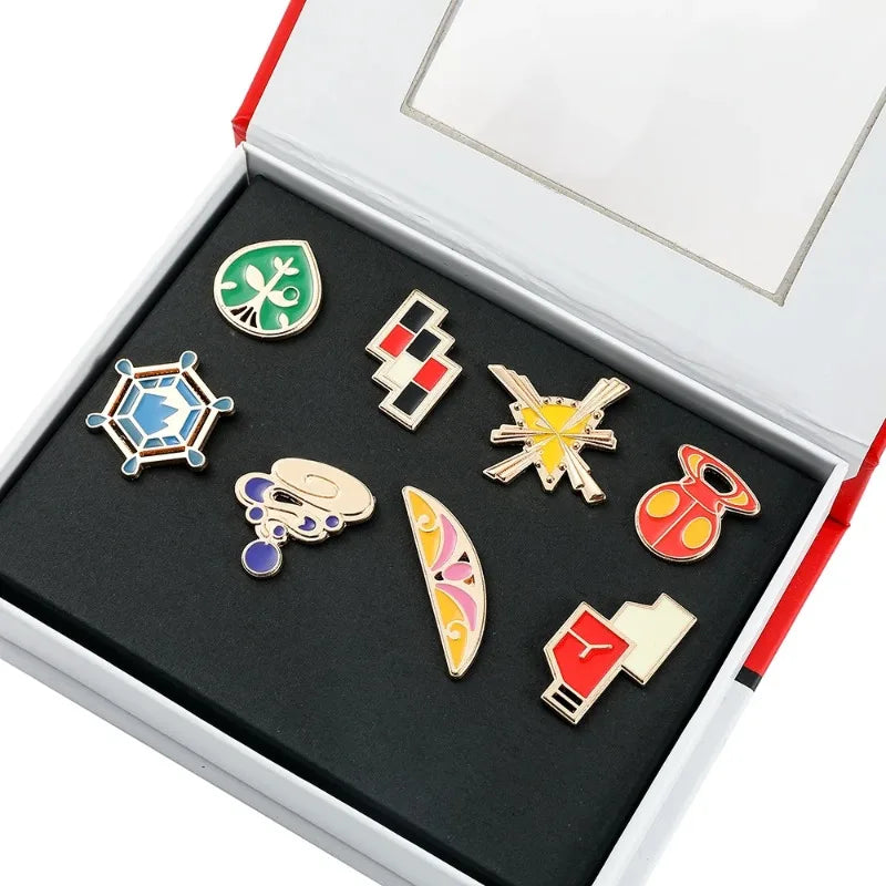 Pocket Monster Trainer Gym Badges Collection Kanto Johto Hoenn Unova Kalos Orange Islands Pins Brooches Toy for Collectors