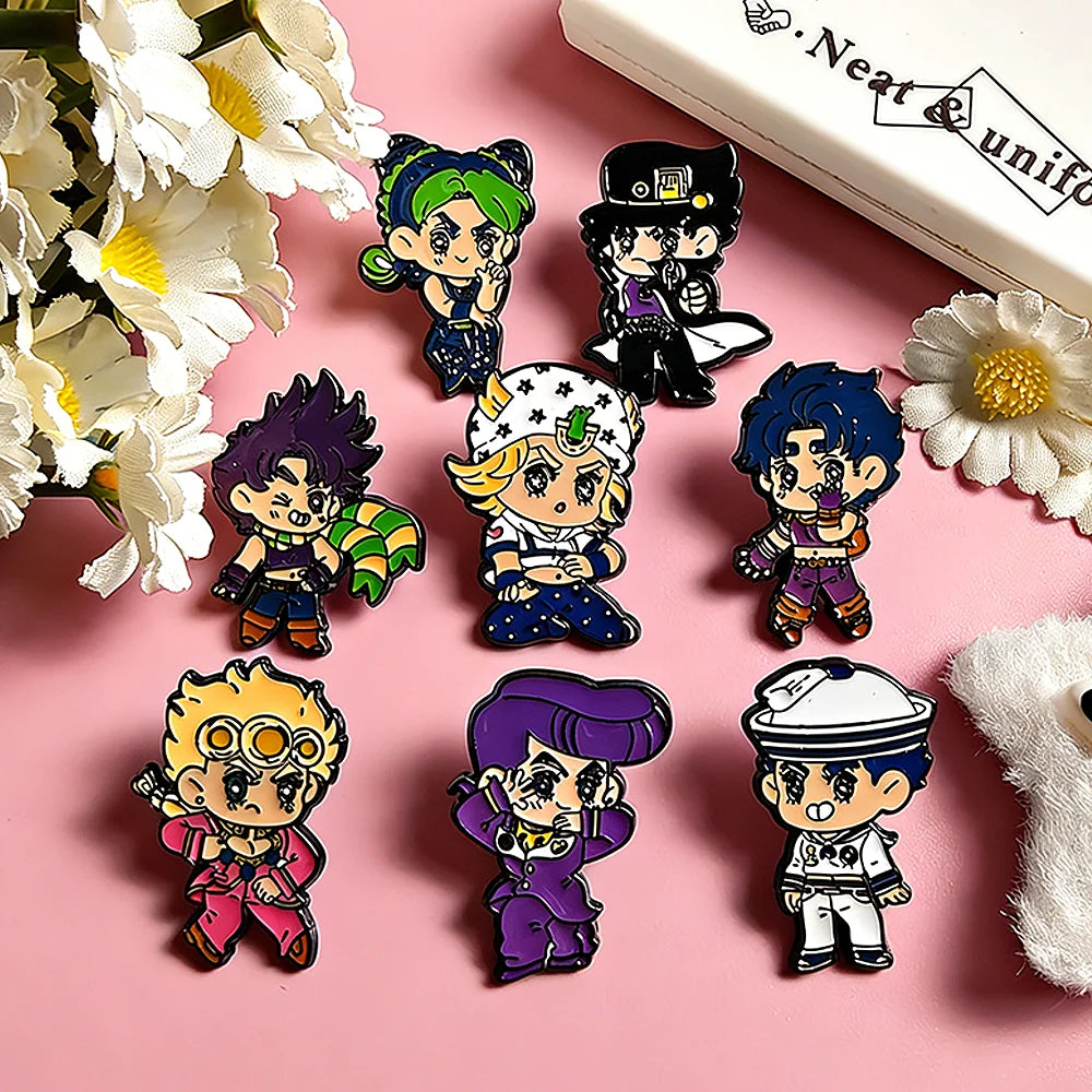 8Pcs Anime JoJo Enamel Pins Cute Chibi Hero Characters Jotaro Josuke Giorno Jolyne Lapel Pins Creative Brooch Badge Gift