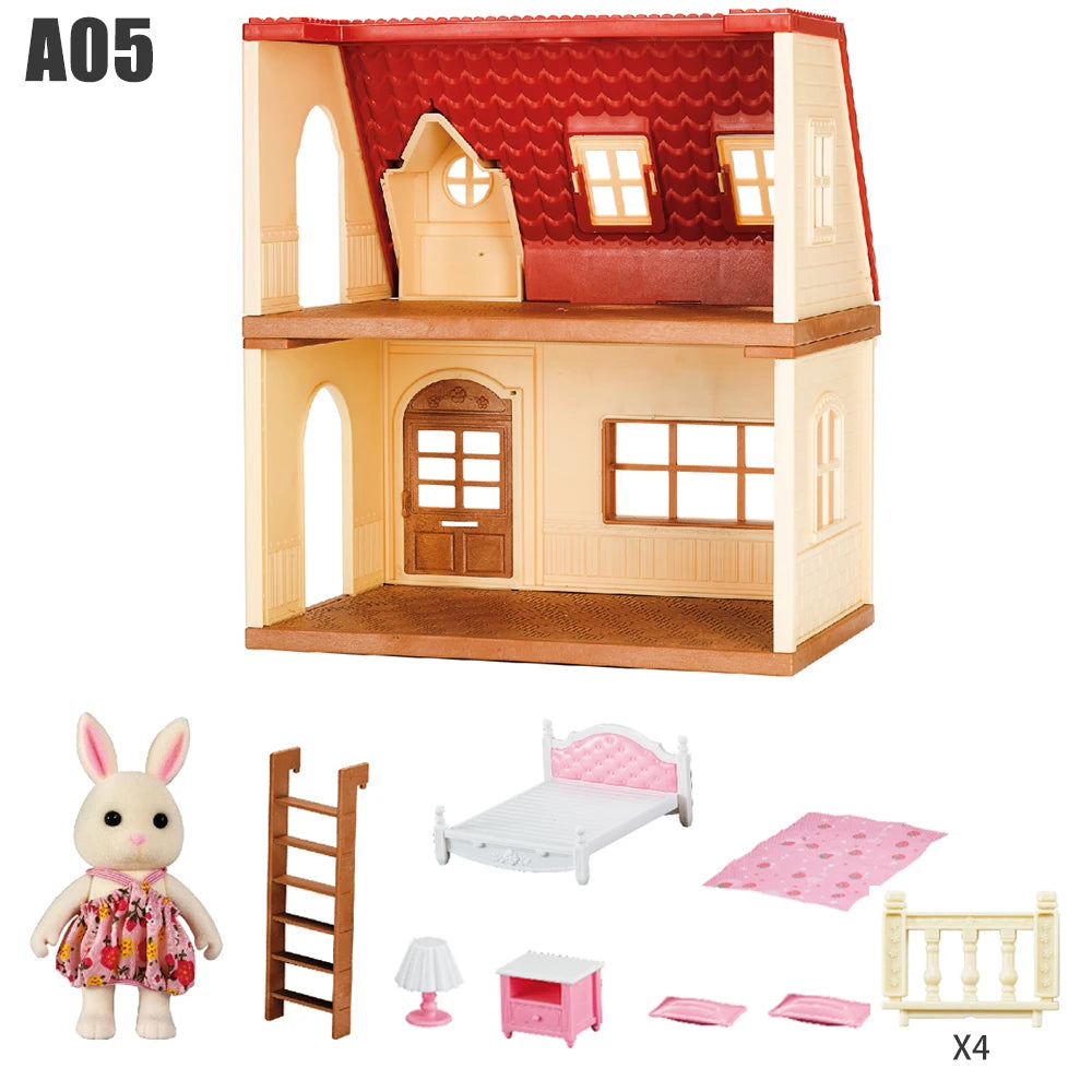 Simulation Kitchen Forest Family Small House Double Three- Story Villa Reindeer  Animal Model Girl Dollhouse Furniture Toy Gifts