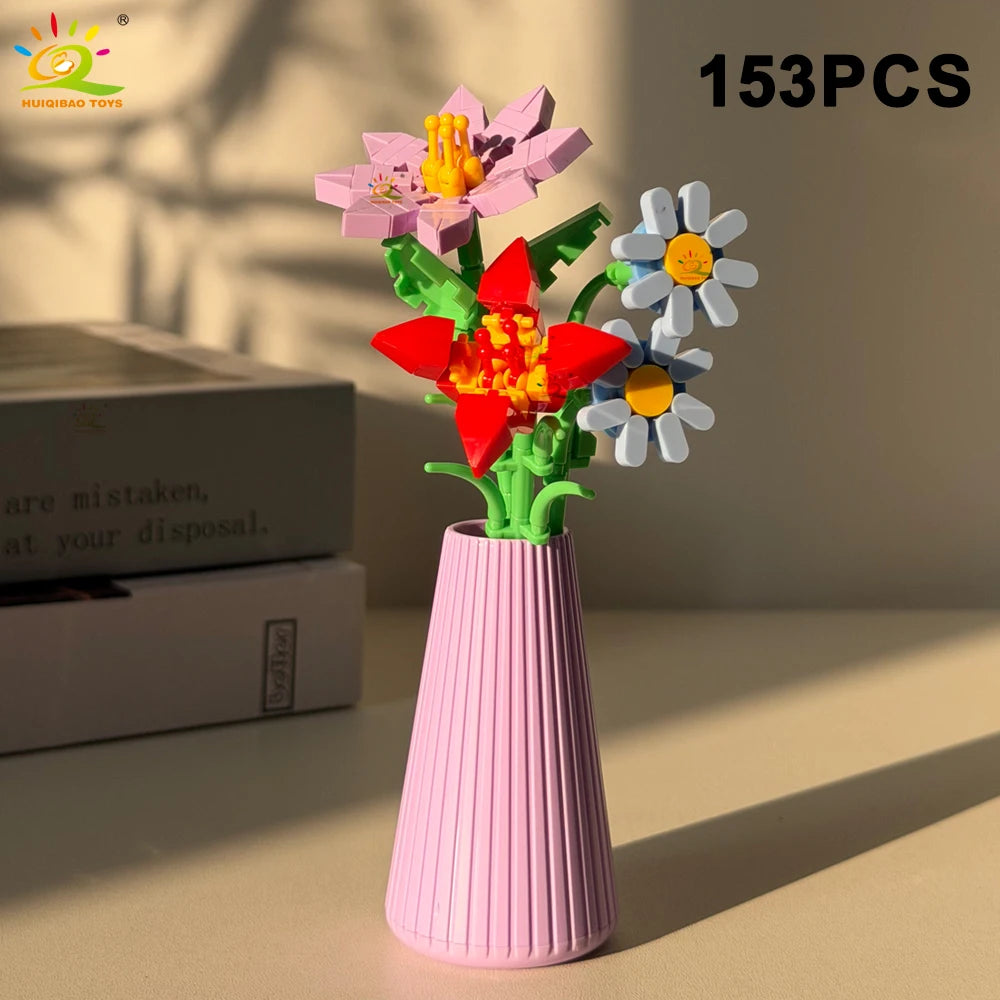 HUIQIBAO MOC Eternal Flower Bouquet with pot Micro Building Block Sunflower Rose Mini Model Brick Toy home Desk Decoration