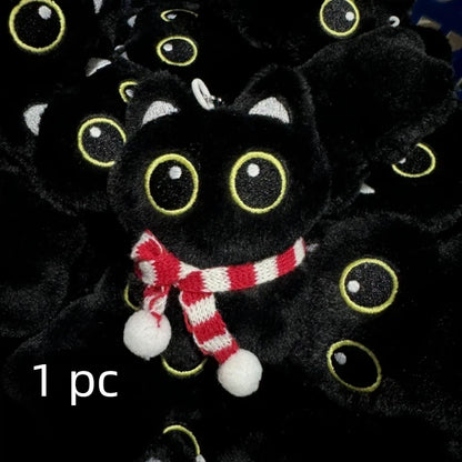 New Kawaii Big Eyes Cat Plush Doll With Scarf Black Cat Keychain Bag Pendant Cartoon Kitten Ornament Holiday Gift For Dear
