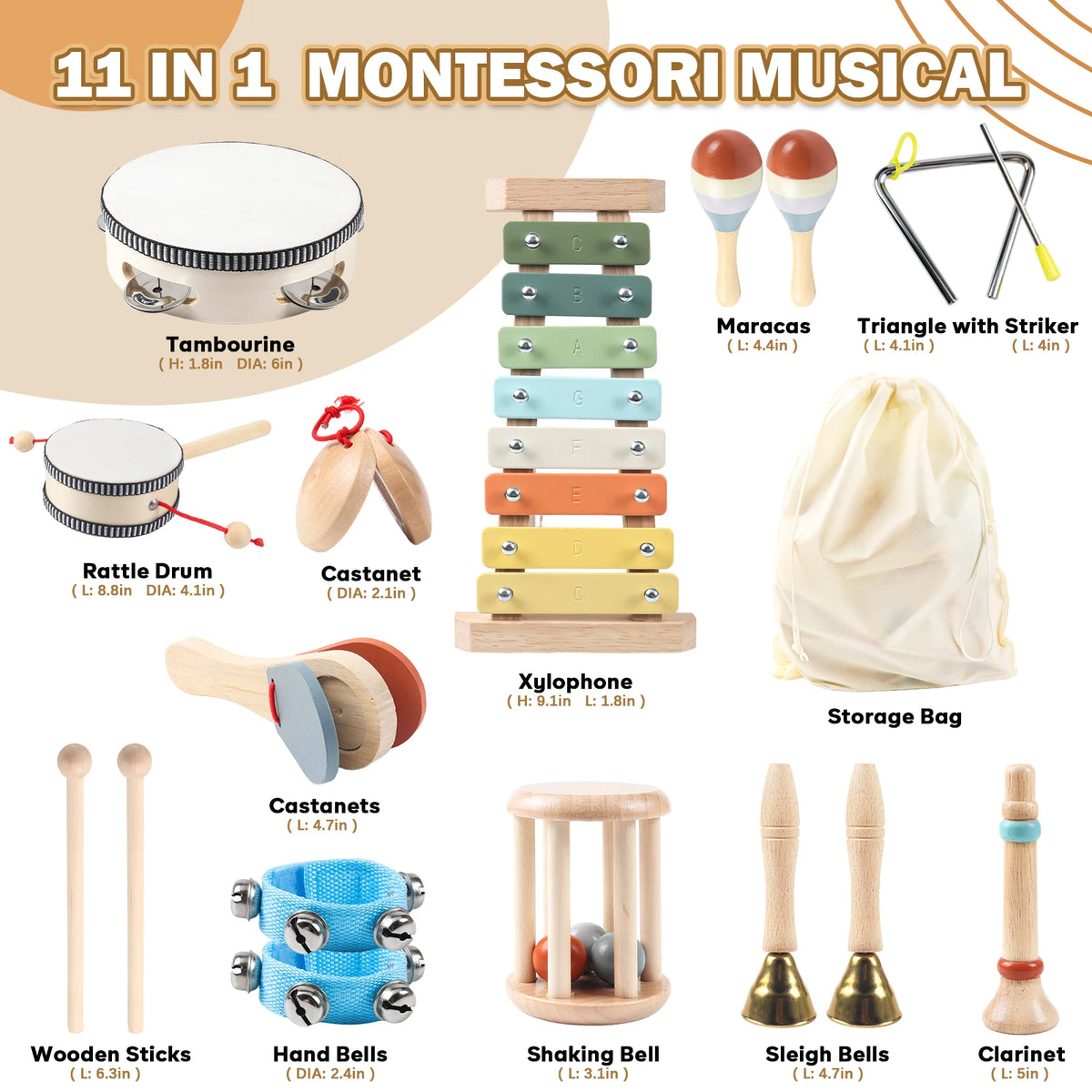11 in 1 Toddler Musical Instruments,Wooden Percussion Instruments Toy for Kids Baby Preschool Educational Musical Toys Set for B