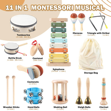 11 in 1 Toddler Musical Instruments,Wooden Percussion Instruments Toy for Kids Baby Preschool Educational Musical Toys Set for B