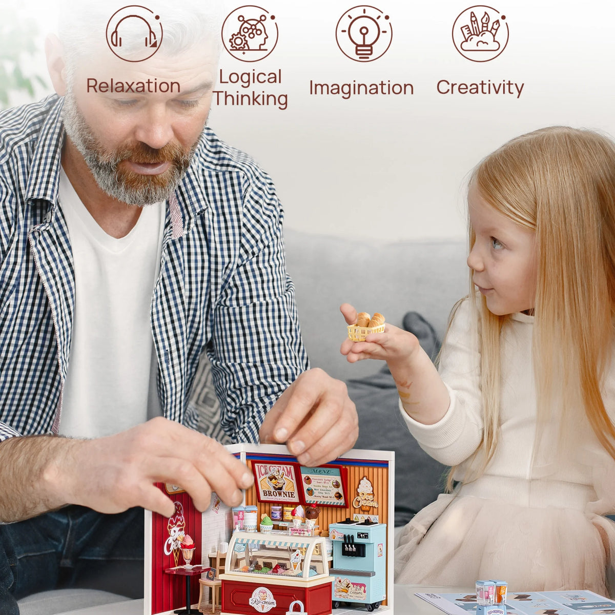 Rolife DIY Miniature House Kit Flavorful Ice Cream Super Creator Dollhouse 3D Puzzle Model Building Kit with LED for Desk Decor