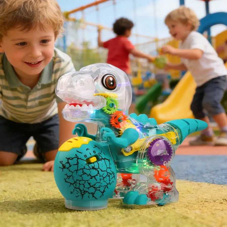 Electric Dinosaur Toy Car for Kids Robot Pet Universal Wheel Bump and Go Swing Toy Transparent Gear with Lights and Music